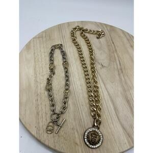 Lot 2 Womens Gold Tone Necklace Bracelet Lion MK Logo Rhinestone Mixed Brands